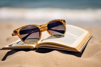 Sunglasses on book sand beach. Ocean sand. Generate Ai. Sunglasses on book sand beach. Generate Ai