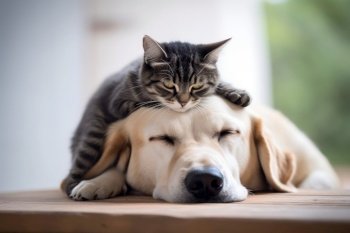 Cat on home dog. Adorable sleep play. Generate Ai. Cat on home dog. Generate Ai