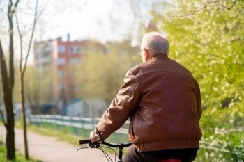 Senior man city bike morning. Happy person. Fictional person. Generate Ai. Senior man city bike morning. Generate Ai