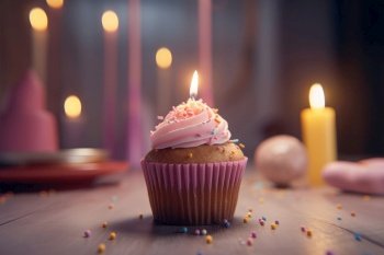 Birthday cupcake candle. Card celebration. Generate Ai. Birthday cupcake candle. Generate Ai