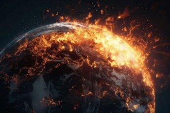 Earth on fire space. Flame nature fiction. Generate Ai. Earth on fire space. Generate Ai