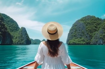 Back view woman relaxing boat. Vacation summer. Generate Ai. Back view woman relaxing boat. Generate Ai