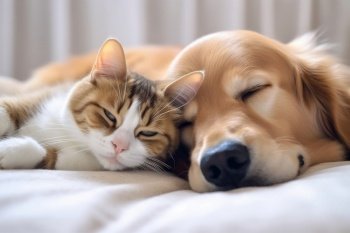 Cat dog sleeping pet. Baby cuddle floor. Generate Ai. Cat dog sleeping pet. Generate Ai