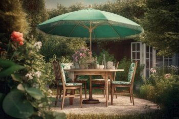 Table chairs umbrella. Vacation outdoor. Generate Ai. Table chairs umbrella. Generate Ai
