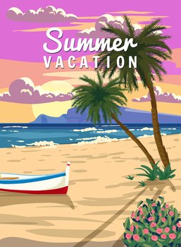 Summer Vacation, Tropical Summer Sunset Travel Poster, ocean, sea, palms, sky, beach. Tourism concept template, placard, flyer postcard vintage style isolated. Summer Vacation, Tropical Summer Sunset Travel Poster, ocean, sea, palms, sky, beach. Tourism concept template
