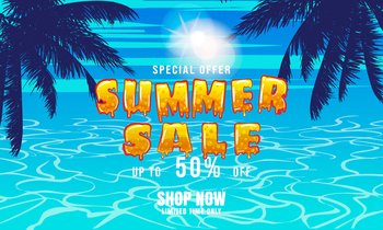 Template Summer Sale banner. Swimming pool, blue water ocean, tropical palms, sun. Advertising background, offer, flyer design vector illustration. Template Summer Sale banner. Swimming pool, blue water ocean, tropical palms, sun