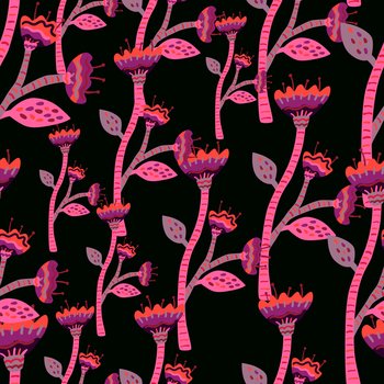 Abstract flower seamless pattern in naive art style. Beautiful floral wallpaper. Cute plants endless backdrop. Design for fabric, textile print, wrapping paper, cover. Vector illustration. Abstract flower seamless pattern in naive art style. Beautiful floral wallpaper. Cute plants endless backdrop.