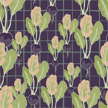 Vintage radish seamless pattern. Radish with leaves endless wallpaper. Vegetarian food backdrop. Design for fabric, textile print, wrapping paper. Vector illustration. Vintage radish seamless pattern. Radish with leaves endless wallpaper. Vegetarian food backdrop.