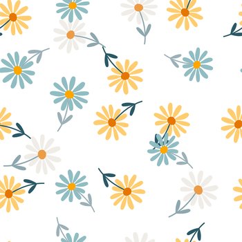 Aster flower seamless pattern. Little chamomile floral ornament wallpaper. Cute simple design for fabric, textile print, wrapping, cover. Vector illustration. Aster flower seamless pattern. Little chamomile floral ornament wallpaper.