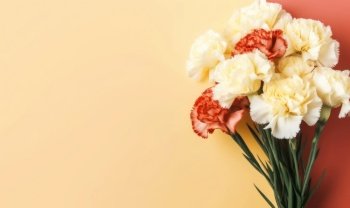 Elegant arrangement of fresh carnations, contrasting beautifully with a vivid yellow backdrop. AI Generative. Elegant arrangement of fresh carnations, contrasting beautifully. AI Generative