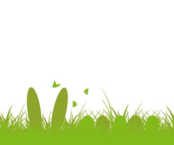 Easter Background. Green grass and Easter egg, and bunny, butterfly. Easter bunny ears in the grass. vector illustration