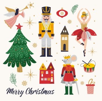 Merry Christmas Card with Ballerina, Mouse King and Nutcracker.. Merry Christmas, New Year set with Ballerina, Mouse King and Nutcracker. Christmas card with three and toys