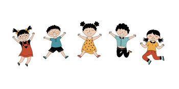Children smiling and jumping. Vector background with happy kids in different positions isolated on a white background. Can be  used for banner, poster, website. . Cheerful children jumping cartoon vector illustrations set