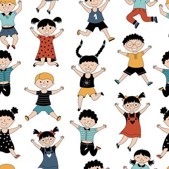 Childish seamless pattern with smiling, happy and jumping kids. Vector background with children in different positions. Can be used for textiles, wallpaper, print, and apparel. . Cheerful children jumping cartoon vector illustrations set