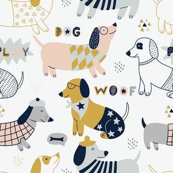 Scandinavian seamless pattern with hand-drawn dachshunds. Vector background with cartoon dogs. It can be used for wallpaper, nurseries, apparel, and textile. 