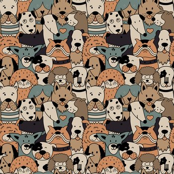 Children’s pattern with colorful dogs. Vector illustration.
Can be used for textiles, website backgrounds, and packaging.
