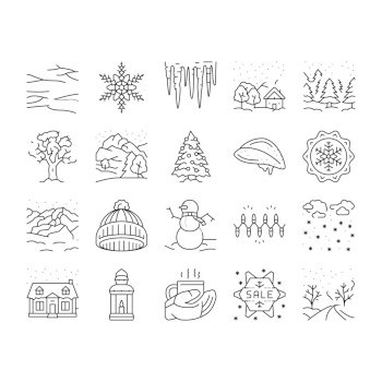 winter snow season nature icons set vector. holiday landscape, white blue forest, ice cold, christmas snowflake, sky, frost winter snow season nature black contour illustrations. winter snow season nature icons set vector
