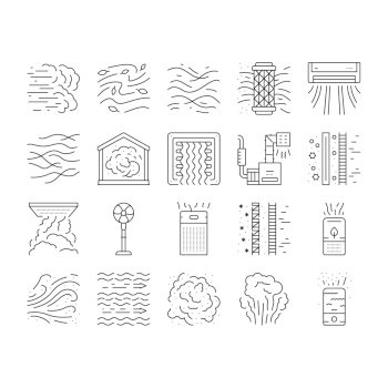 air clean fresh wind flow filter icons set vector. home dust, conditioner blue, cold purification, nature technology, cleaner room air clean fresh wind flow filter black contour illustrations. air clean fresh wind flow filter icons set vector