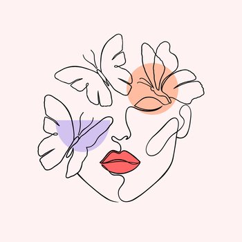 Minimal woman face with butterflies. Creative illustration in line art style.