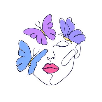 Minimal woman face with butterflies. Creative illustration in line art style.
