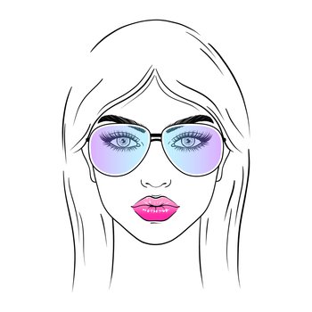 Young woman in sunglasses on white background.Hand drawn illustration.