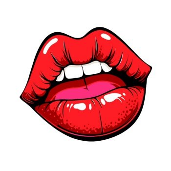 Sexy red mouth, woman lip with lipstick, open girl sensual hot lips. Female pop art big plump glossy and shiny lips with teeth and tongue in cartoon vintage retro style isolated on white background