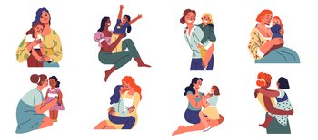 Mother and child spending time together, isolated female character with small child smiling and laughing. Positive moments of family bonding, parenting and care for children. Vector in flat style. Daughter with mom, mother and kid spending time