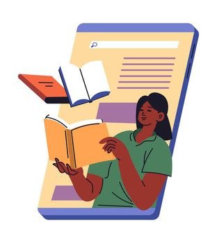 Online services and applications for reading books and electronic publications in web. Woman with textbooks learning and studying, enjoying literature and fiction at home. Vector in flat style. Reading books online, electronic publications