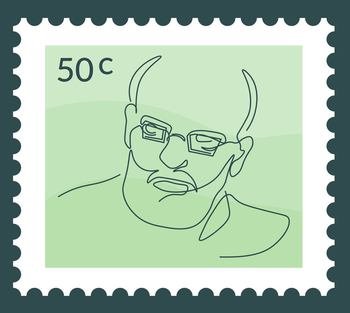 Postmark on postcard with price and portrait of famous person wearing glasses. Male character person. Postal mark or cart, stamp for letter communication and correspondence. Vector in flat style. Portrait of man in glasses line art, postmark