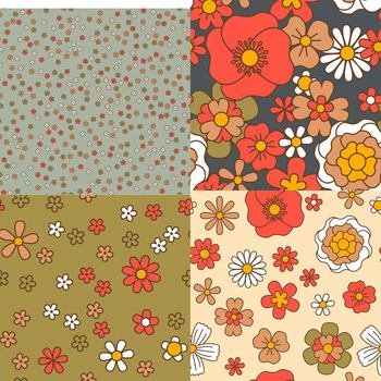 Wild poppies and blooming flowers, chamomile and daisies, roses in blossom. Spring and summer botany and leafage. Seamless pattern background or print, wallpaper or textile design. Vector in flat . Flower seamless pattern, blooming botany print