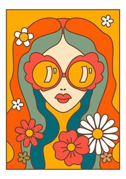 Cartoon portrait of woman with long hair and sunglasses. Female character with blooming flowers, stylish girl with flora and botany, daisies and chamomile, tredns design. Vector in flat style. Woman portrait with sunglasses female with flowers