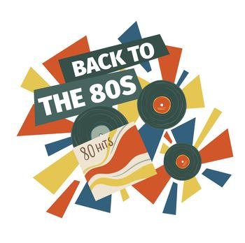 Eighties hits and best songs compositions. Back to 80s, vinyl records with music for disco and entertainment. Recorded tapes and colorful stripes, nostalgia banner with text. Vector in flat style. Back to the 80s, hits and compositions for disco