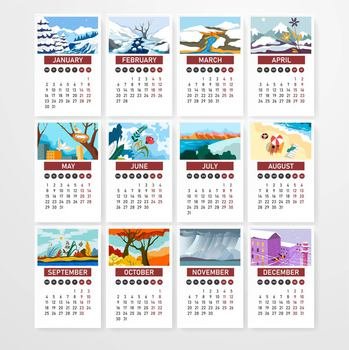 Year calendar with sheets of dates and days and landscapes, seasonal images. Snowy mountains and thaw of snow, blooming flowers and foliage and people on beach, cold and frost. Vector in flat style. Calendar with dates and days, landscapes vector