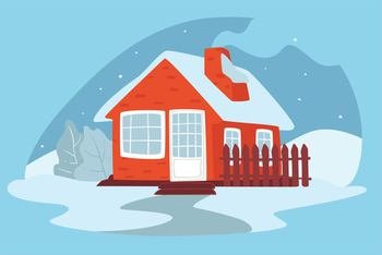 Building in village or countryside surrounded by snow masses, frosty and chilly weather. House with chimney and smoke, blizzard and snowfall, bushes in yard and fence by apartment. Vector in flat . House surrounded by snow and blizzard vectors