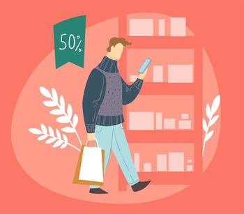 Male character looking at smartphone and browsing sales for holidays and special occasions. Man with phone shopping online in the internet. Sales and discounts, clearances. Vector in flat style. Sale in online shop, man with smartphone browsing