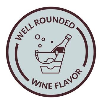 Wine flavor pleasing taste and quality alcoholic beverage. Bucket with ice cooling bottle of exclusive drink with delicious notes. Label or logotype for package product. Vector in flat style. Well rounded wine flavor, emblem for packages