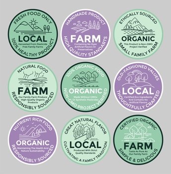 Packaging label design set for local farm product. Round colorful sticker collection with line landscape, vector illustration. Organic high quality standart food template emblem, natural production. Packaging label design set for local farm product