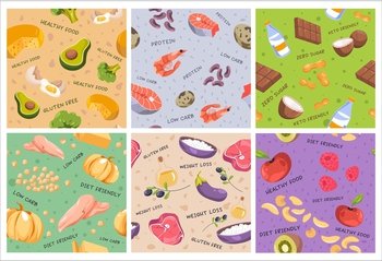 Pattern decoration with healthy food elements. Decorative background collection with gluten free, low carb products, vector illustration. Seamless banner with zero sugar, keto friendly meal. Pattern decoration with healthy food elements