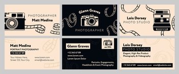 Business card for photographer, template design set. Photo studio service advertising with contact, vector illustration. Retro photo camera at company identity element. Business card for photographer, template design set