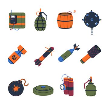 Types and kinds of bombs, timer and detonation. Missile and rocket with nuclear power, explosion and damage. Fusion and fission, weapons for attack at military conflicts. Vector in flat style. Bomb types, missiles and rockets icons vector
