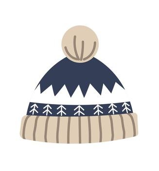 Fashionable and warm winter clothes, isolated knitted hat with pine trees and triangles abstract print. Accessories and clothing for men and women, stylish outerwear pieces. Vector in flat style. Knitwear winter hat with abstract print vector