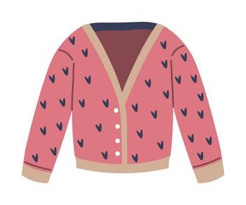 Women cardigan with hearts print, isolated stylish and fashionable apparel for cold season. Winter knitwear and outfit addition, accessories and fashion clothing for ladies. Vector in flat style. Stylish women cardigan or sweaters for winter