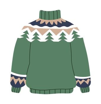 Knitted sweaters for cold seasons and winter, isolated warm clothes for men. Knitwear with pine trees and abstract geometric shapes. Clothing and apparel for men and women. Vector in flat style. Knitwear clothes for winter, sweater for cold