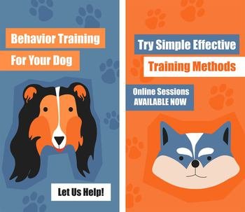 Try simple effective training methods, and behavior for your dog. Online sessions are available now. Let us help with your pets. Domestic animals dressage and care, banner. Vector in flat style. Behavior training for your dog, online sessions