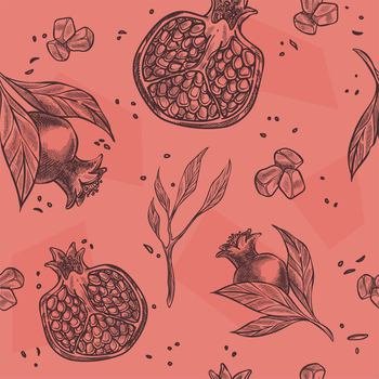 Pomegranate seeds and branches with leaves, ice cubes and foliage. Tasty product for snack or lunch, eating. Seamless pattern or print, wallpaper background monochrome sketch. Vector in flat style. Ice cubes and pomegranate seeds and branch print
