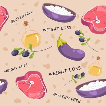 Weight look products and ingredients for eating, gluten free meal and dieting. Aubergine and cottage cheese, olive oil and meat. Seamless pattern or print, wallpaper background. Vector in flat style. Gluten free products and weight loss meal diet
