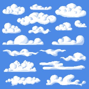 Pixel cloudscape, cloud masses at blue sky. Pixelated icons for game setting and scenery. Isolated design for 8 bit playing background or arcade in retro old school version. Vector in flat style. Pixelated clouds for game play setting 8 bits