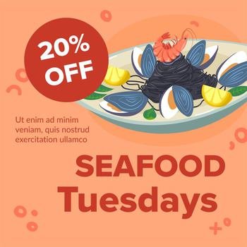 Served seafood on Tuesdays in restaurant, tasty meal mussels with shrimp and lemon taste. Twenty percent off price. Eatery promotional banner with information special offers. Vector in flat style. Seafood tuesdays, mussels and lemon banner vector
