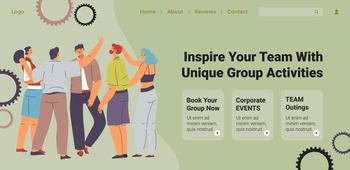Book group activities, inspire your team with corporate events, outings with colleagues and fun leisure with friends employees. Website landing page template, internet site. Vector in flat style. Inspire your team with unique activities website