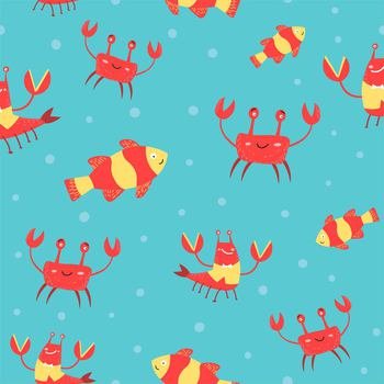 Clown fish and crabs, marine and underwater animals living in the sea or ocean. Aquarium species and bubbles of water, Seamless pattern or wallpaper, background or print. Vector in flat style. Crab and clown fish, aquarium seamless pattern